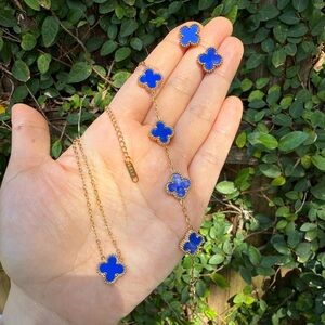 Gold-Tone Blue Clover Pendant Necklace and Bracelet Set